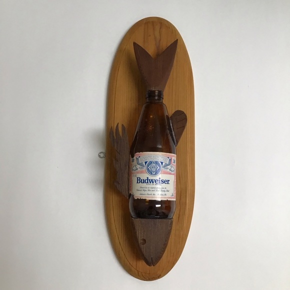 Budweiser Beer Bottle Fish Wall Plaque Wood Handmade Bud Folk Art Bar Decor 80’s - Picture 13 of 16